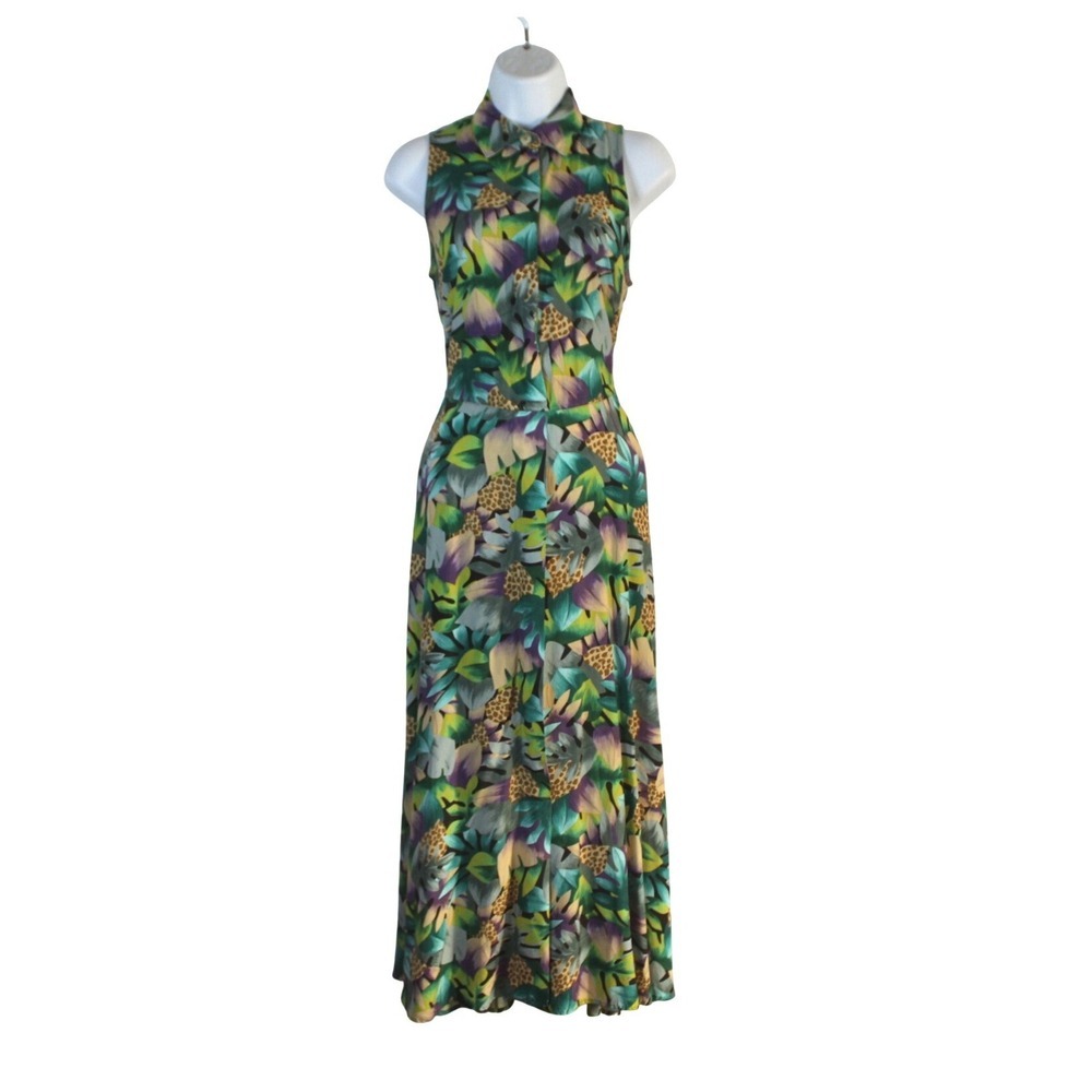 Vintage 80s Carol Anderson women's dress tropical print curved hem midi collared